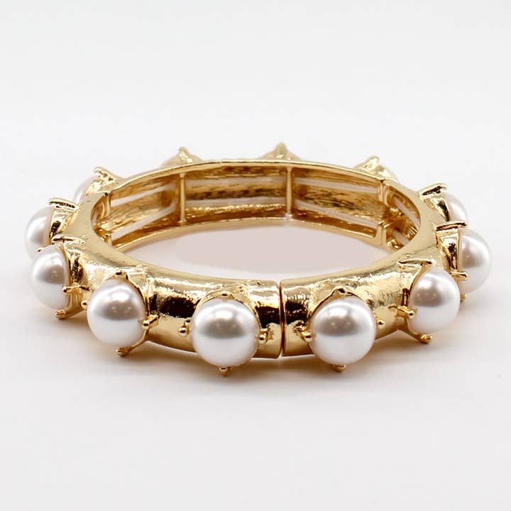 What's Hot - Wholesale Beaded Bracelet - Hammered Gold Bracelet with Pearl Beaded Accents Stretch Bracelet0