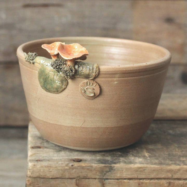 Ciotola scura con Cantharellus (garitule) e muschio per la vendita all'ingrosso da parte di L'Officina