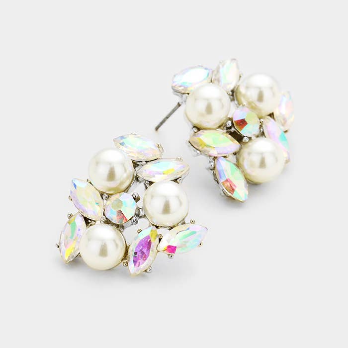 Sensibling Corp. - Wholesale Stud/Post Earrings - Pearl Oval Glass Crystal Cluster Earrings2