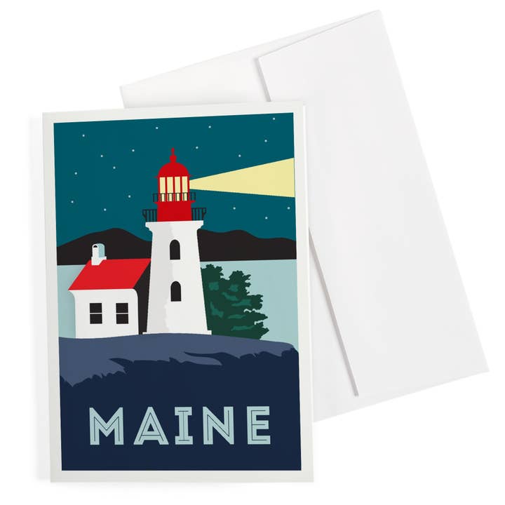 TARJETA DE FELICITACIÓN Maine, Faro, Estilo Vectorial para venta al por mayor de Lantern Press