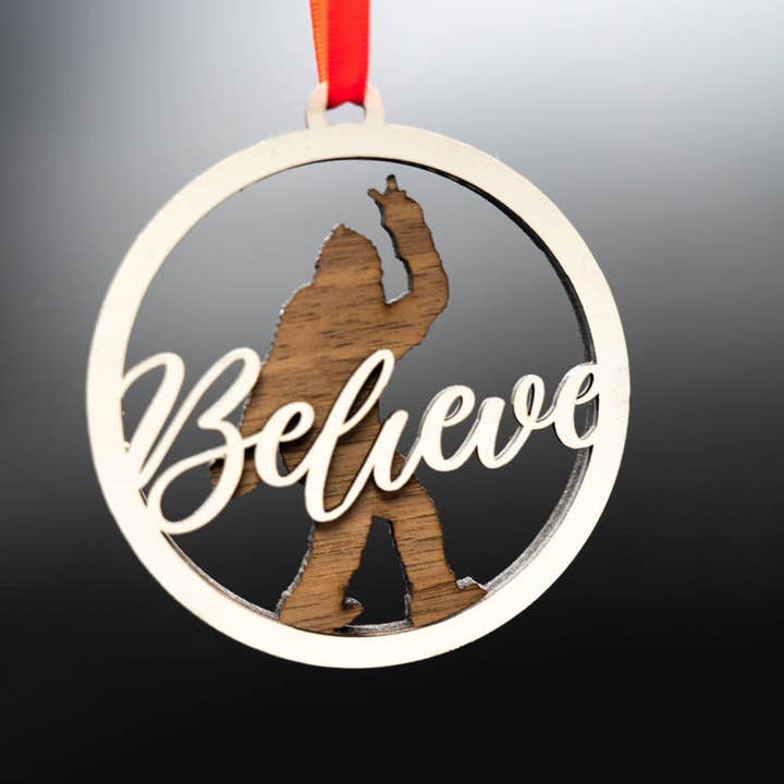 Bigfoot Believe Multiple Layer 3.5” Wooden Ornament with Ribbon for wholesale by Turnmeyers