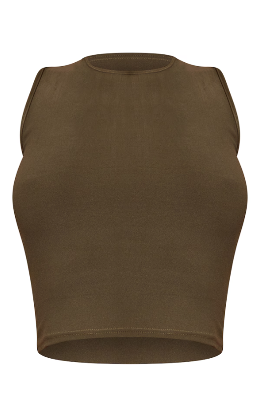 Khaki Soft Touch Jersey High Neck Sleeveless Crop Top for wholesale on Faire1