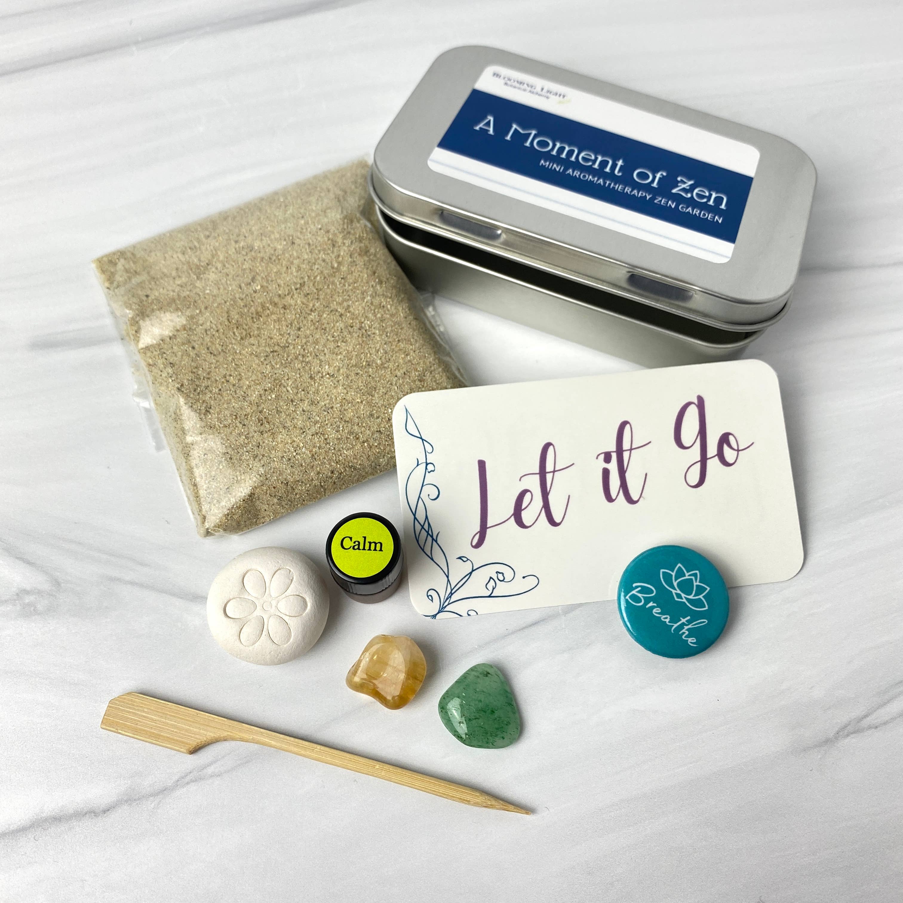 Blooming Light Botanical Alchemy, llc - Wholesale Meditation Supplies - A Moment of Zen Kit, a miniature aromatherapy zen garden kit5