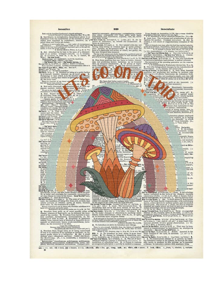 Vintage-Druck mit Pilzen, Blumen, Regenbogen, Regenbogen, Vintage-Wörterbuchdruck für den Großhandel von Crazilyhumbledesigns