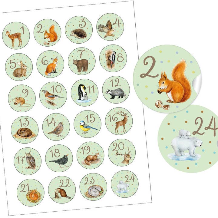 Adventskalenderzahlen WALDTIERE GRÜN 1-24 Weihnachtsaufklebe für den Großhandel von fioniony®
