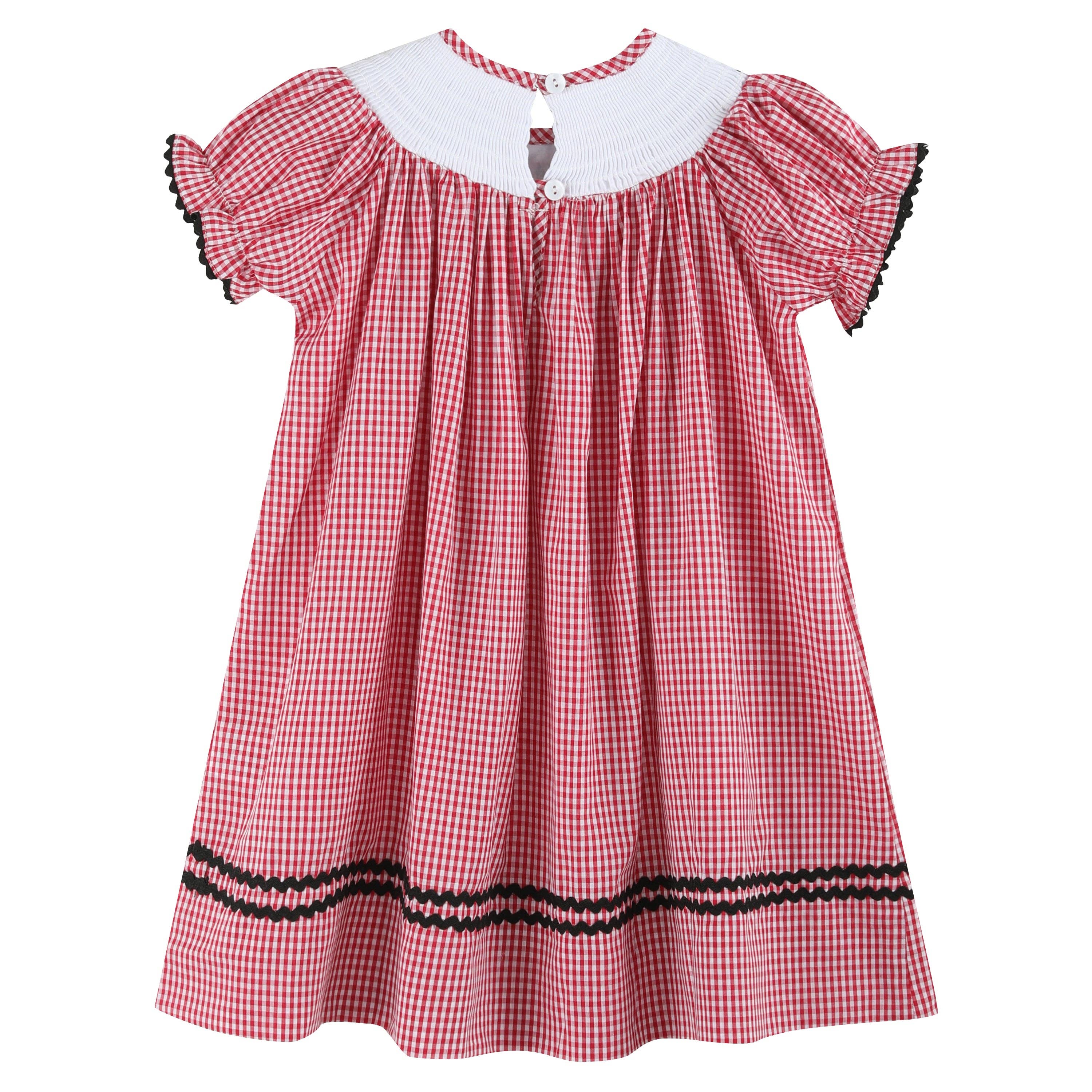 Lil Cactus – Vestido - Crianças por atacado – Vestido vermelho Gingham Barn Animals Bocked Bishop1