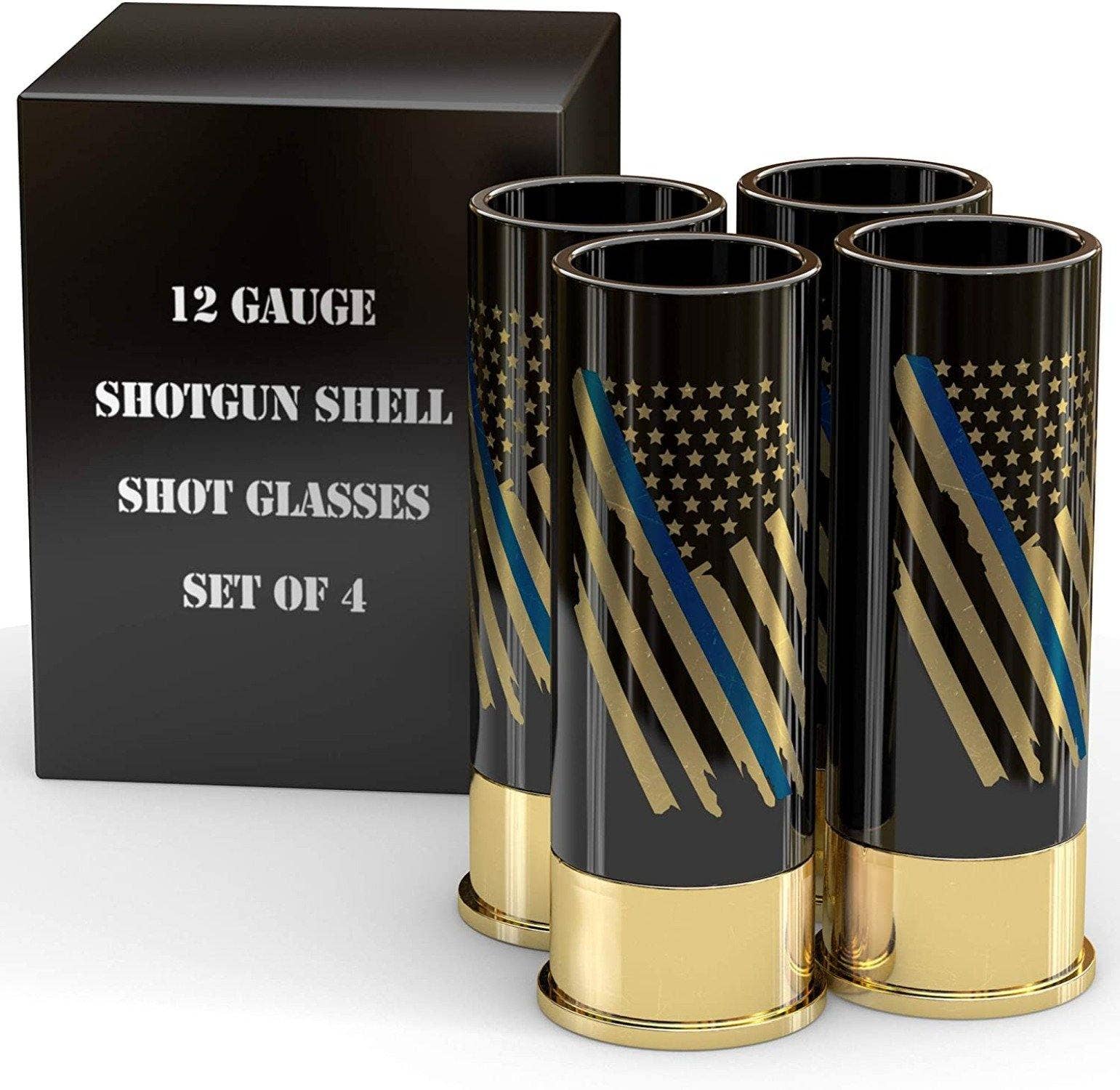 Old Southern Brass - Wholesale Shot Glass - 12 Gauge Shot Glasses Set of 4 - Thin Blue Line Police Flag1