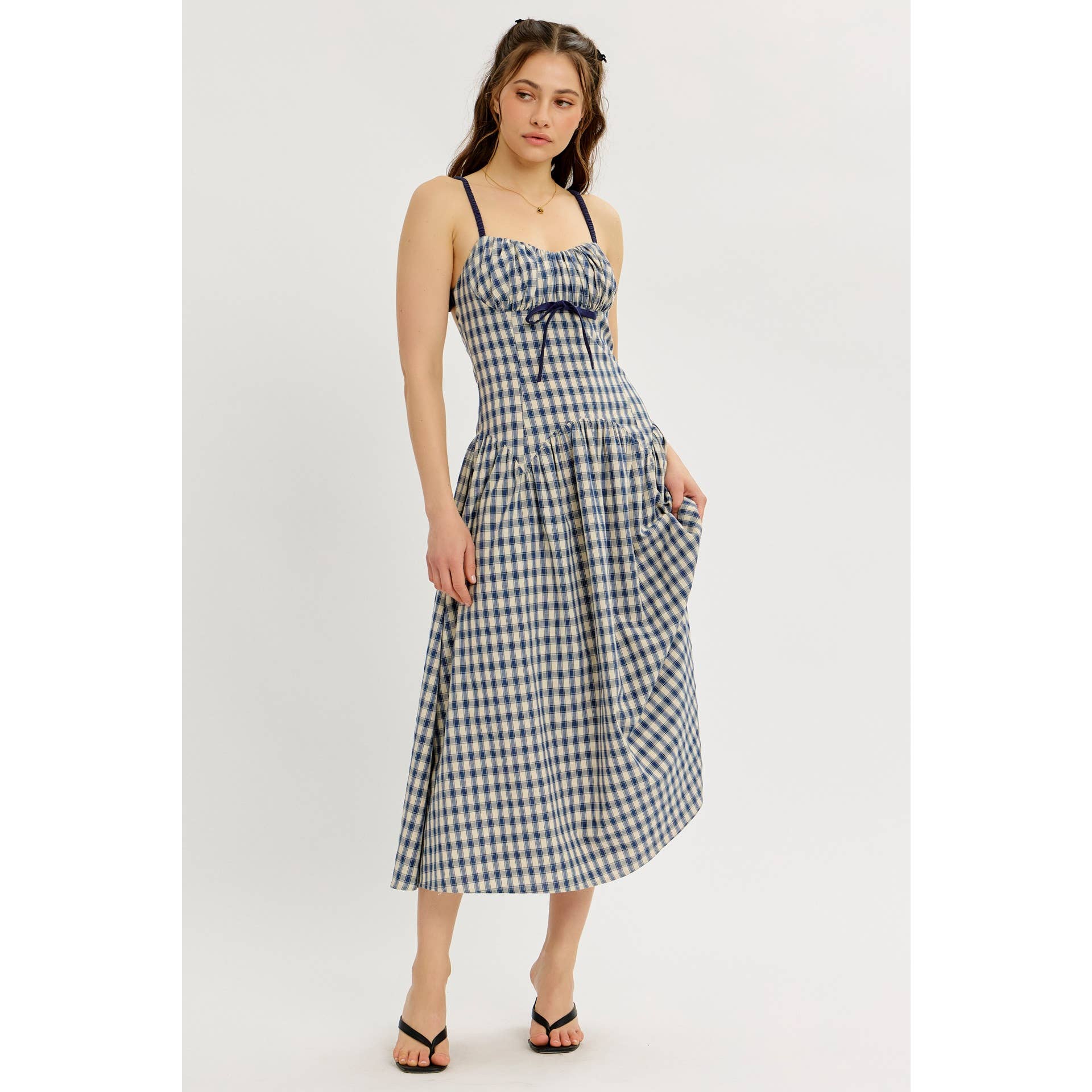 idem ditto - Wholesale Dress - Women's - PLAID MIDI DRESS WITH RUCHED BUST AND OPEN BACK1