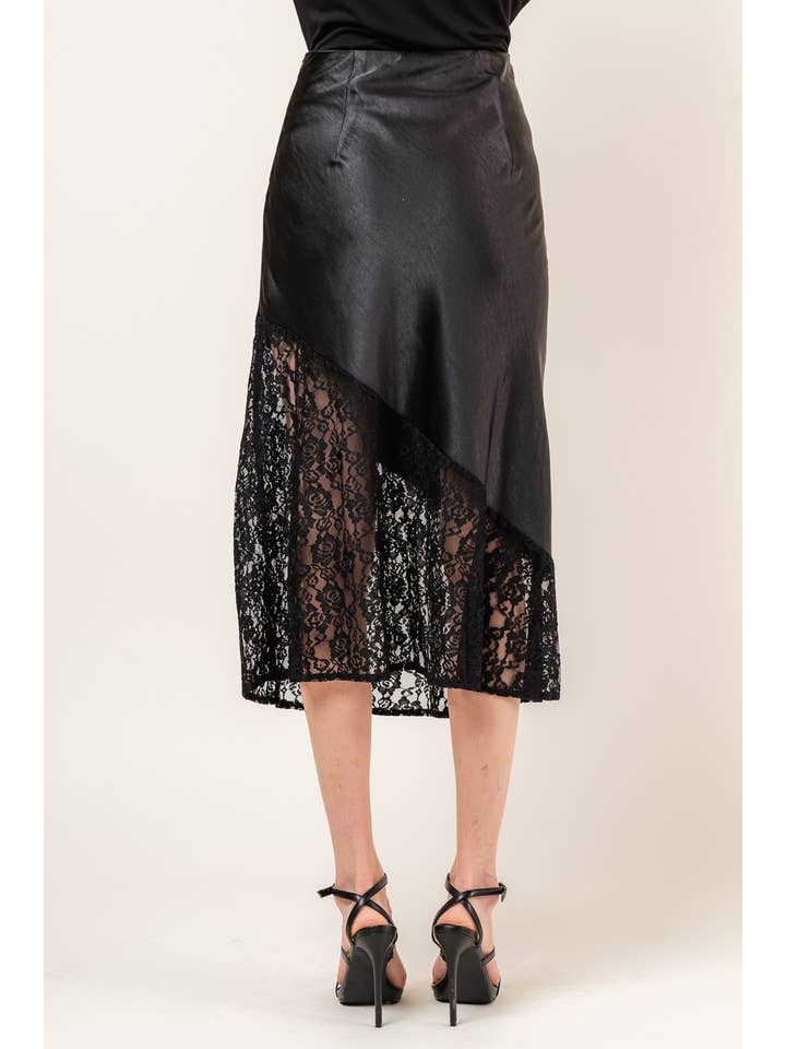 Black ASYMMETRICAL LACE BOTTOM MIDI SKIRT- SI4109FO for wholesale on Faire