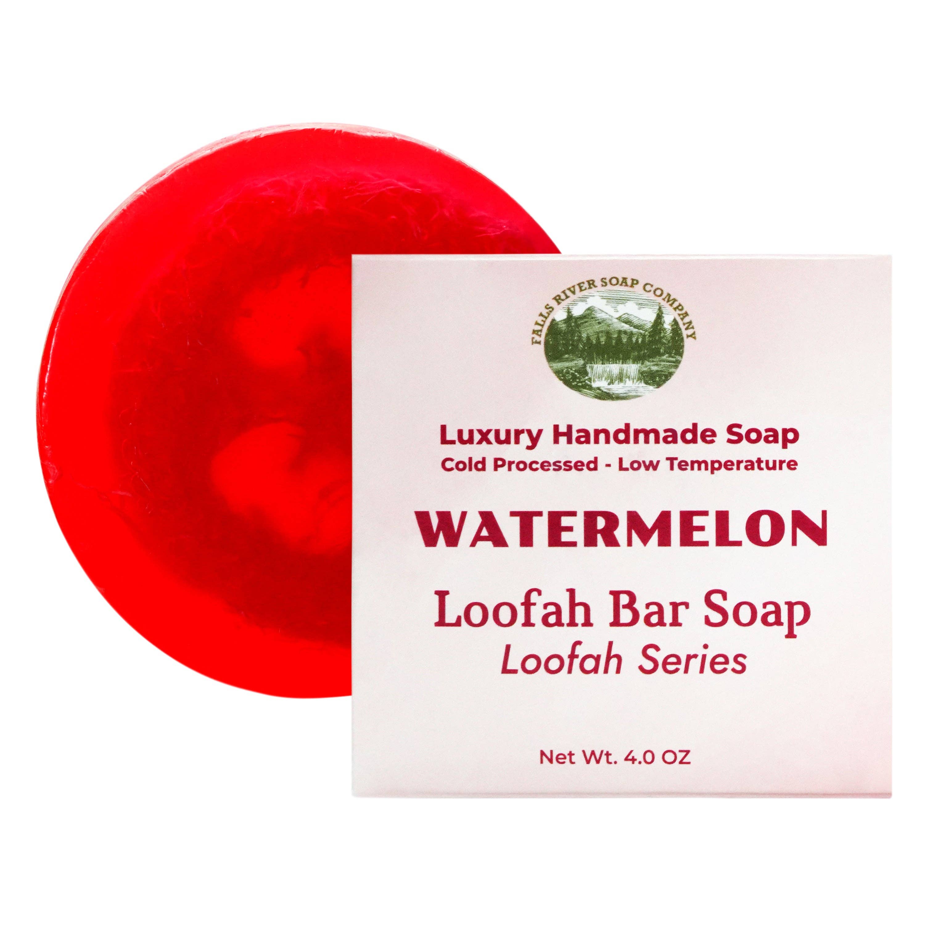 Falls River Soap Company - Wholesale Bar Soap - Watermelon 4 Oz Natural Luffa Soap Bar - Exfoliating Soap with Loofah Inside - Eco-Friendly, Natural Soap with Loofah Inside - Falls River Soap Company0
