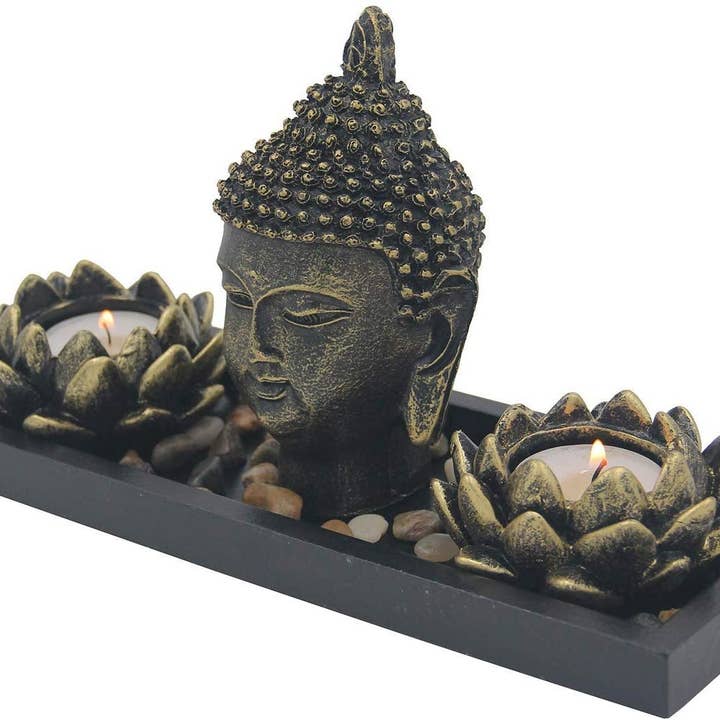 Zen Garden Buddha Head Lotus Tea Light Candle Holder Set Home Décor Gift and other Purchase Wholesale lotus lights. Free Returns & Net 60 Terms on Faire trending on Faire.