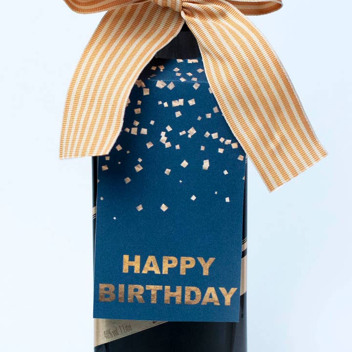 Etiqueta de vino de papel azul con confeti de feliz cumpleaños con cinta para venta al por mayor de Mod Lounge Paper Company