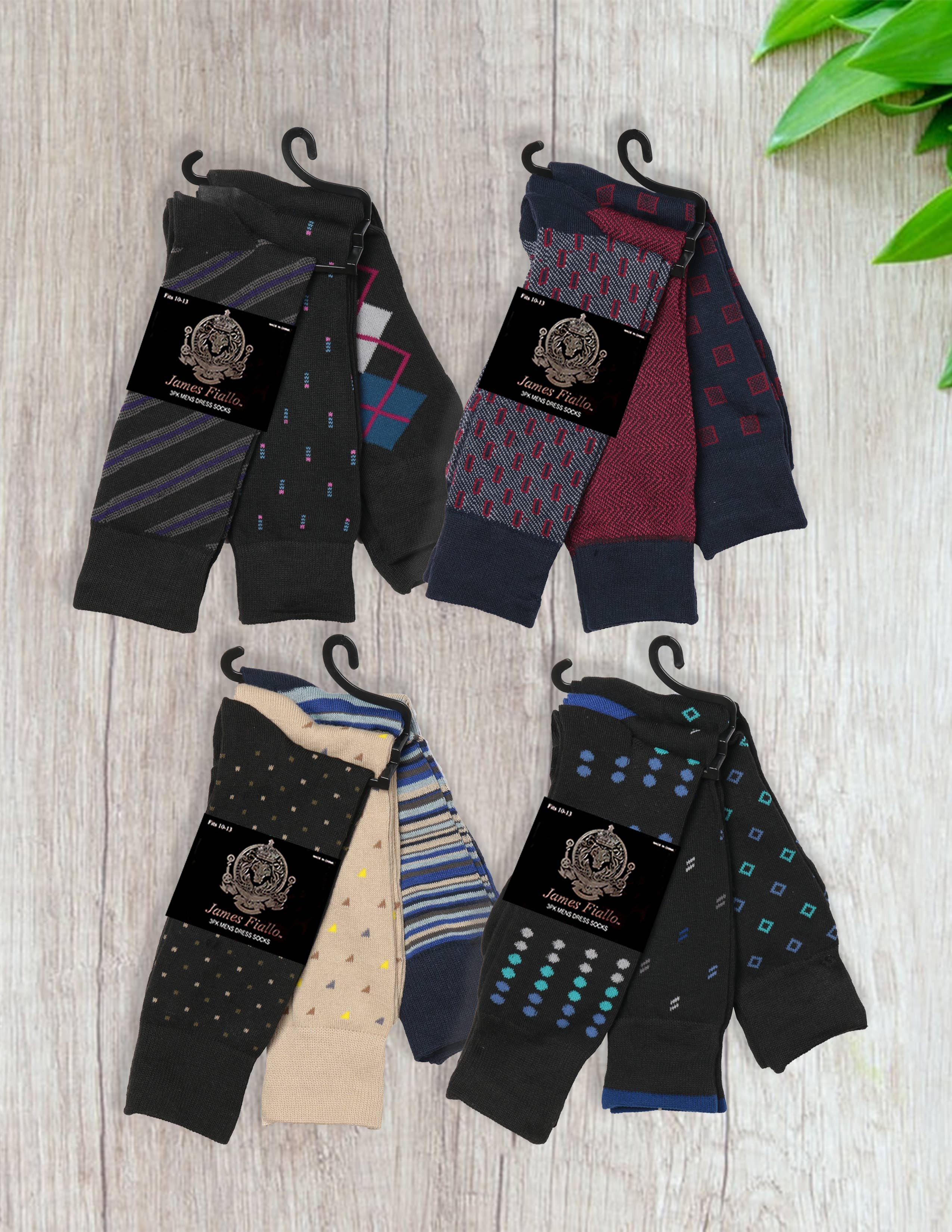Isadora, Tipi toe, & James Fiallo - Wholesale Socks - Men's - Men's James Fiallo 3 Pack Patterned Athletic Crew Dress Sock0