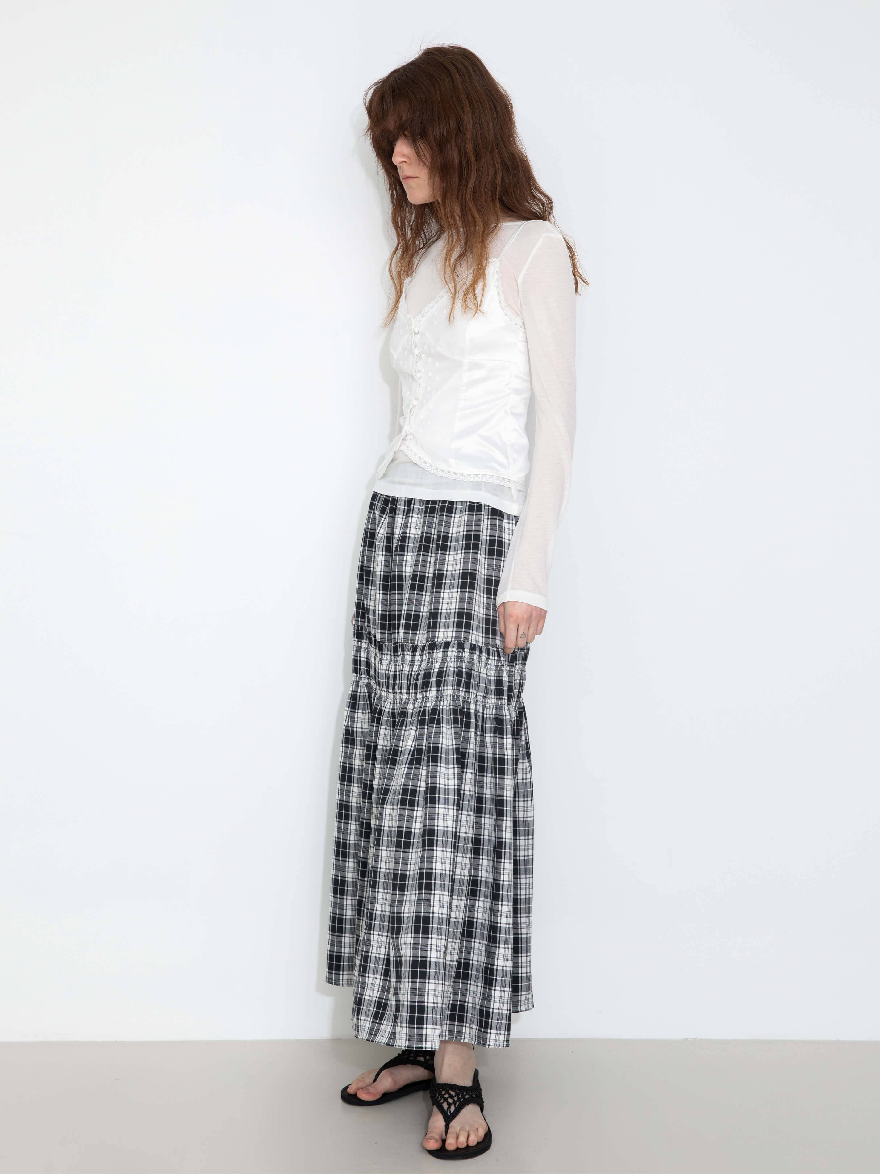 CUBIC - Wholesale Skirt - Women's - Elastic Drawstring High Waist Checked Skirt16