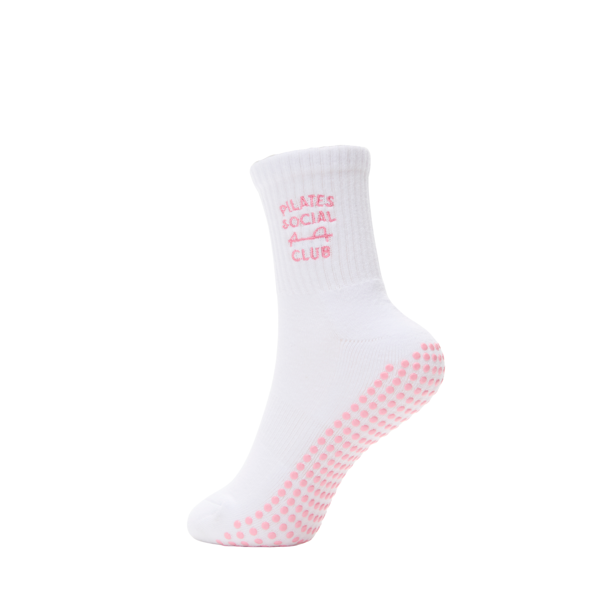 White Pilates Social Club Grip Crew Socks for wholesale on Faire14
