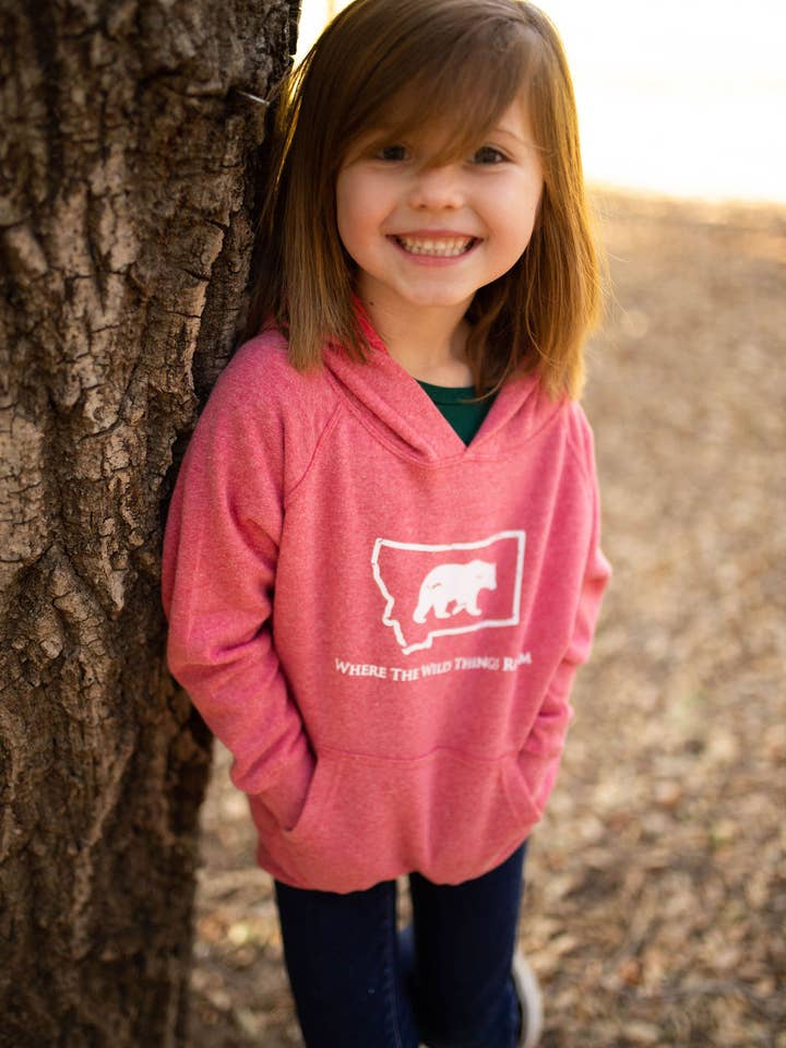 Moletom infantil rosa urze com capuz branco selvagem por atacado de Montana Tees