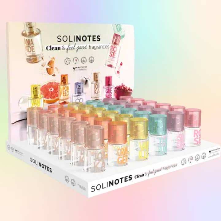 Solinotes (US Stores) - Distributed by Scents of Europe - Vente Présentoirs de commerçant - Beauté et bien-être - Présentoir en carton pour les mini-parfums - W/ PRODUCTS