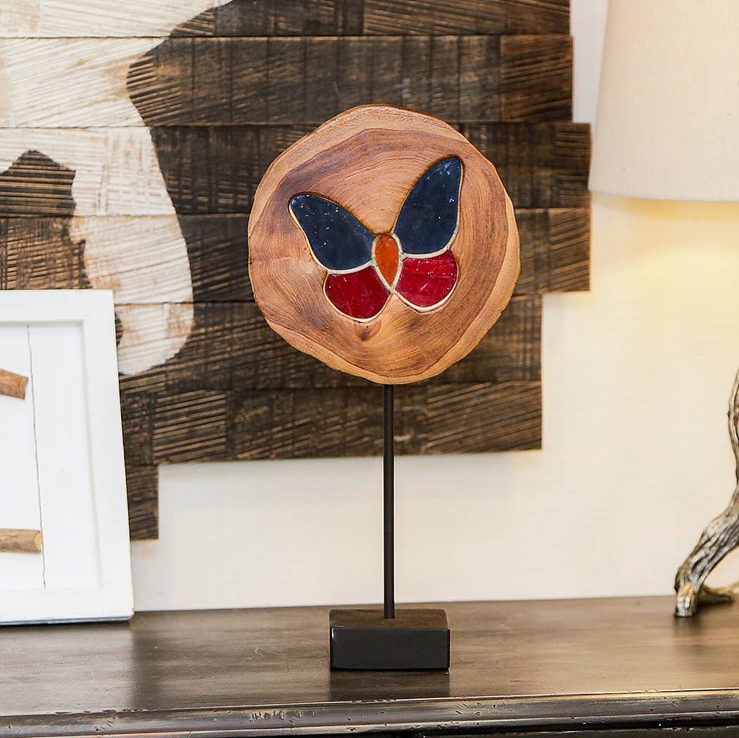 Garden Age Supply - Wholesale Decorative Tabletop Object - Teak slab Stained Glass - Butterfly 20"H1