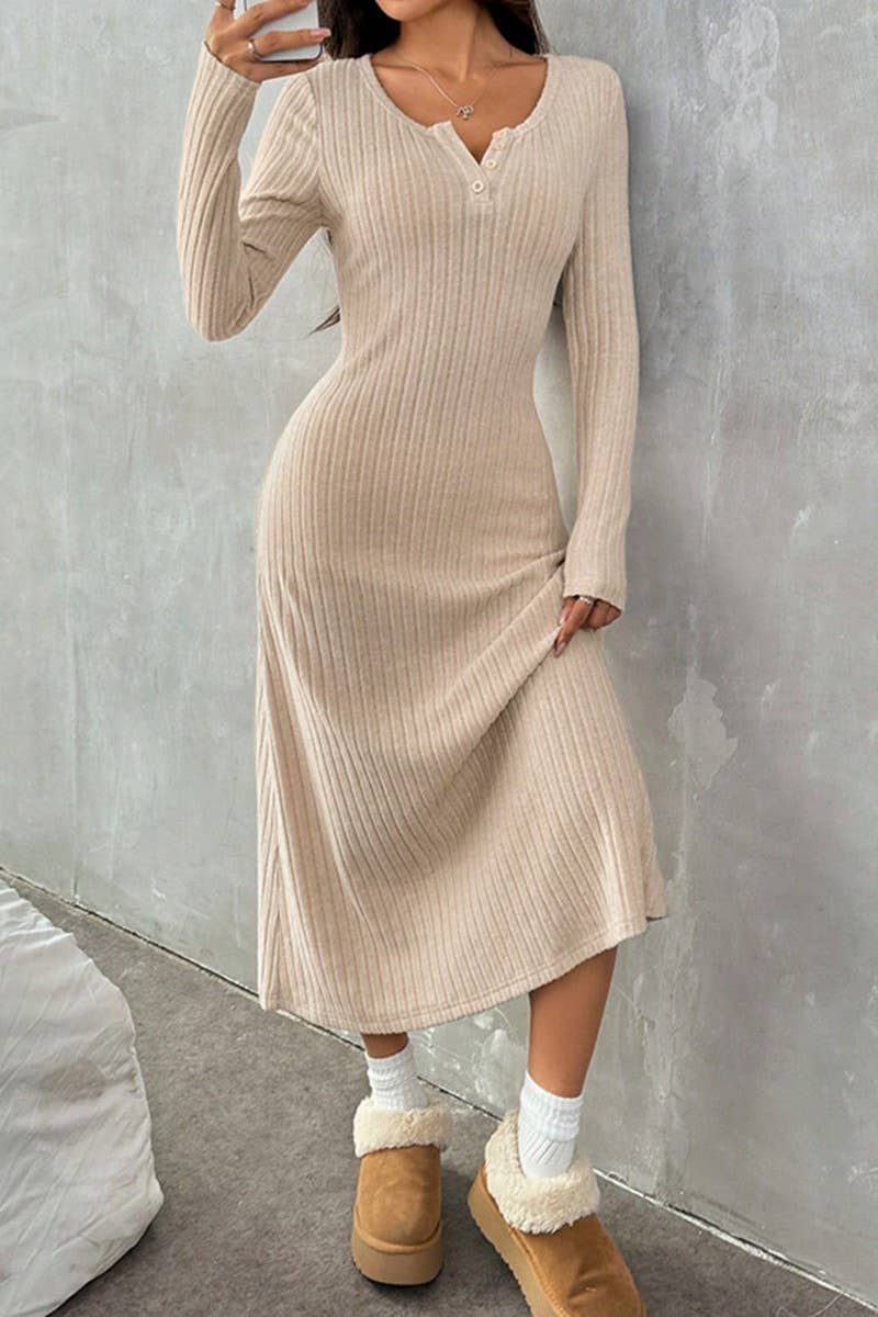 BEIGE CWDMD00981_ELEGANT SLIM-FIT V-NECK SOLID COLOR SWEATER DRESS for wholesale on Faire1