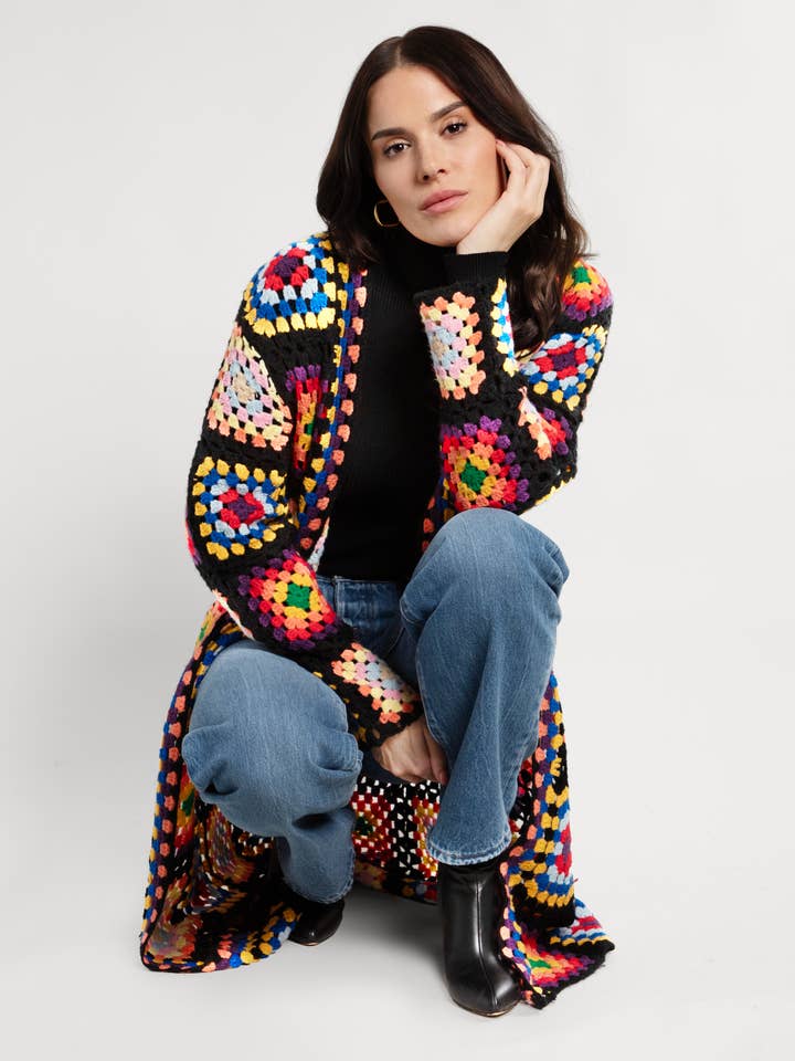 SAACHI - Vente Kimono – femme - Cardigan kimono long en crochet granny à motifs floraux multicolores18