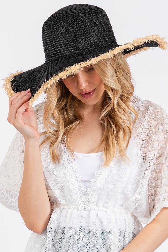 Hana - Vendita all'ingrosso Cappello di paglia - Donna - Cappello Estivo di Paglia a Tesa Larga Bicolore con Bordo Sfilacciato11