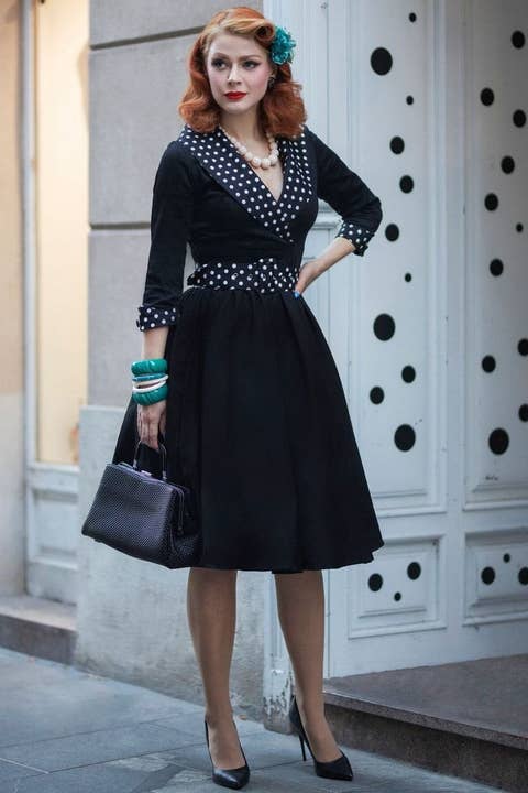 Tiffany 50's Coat Dress in Black White Polka Dots for wholesale by Dolly & Dotty