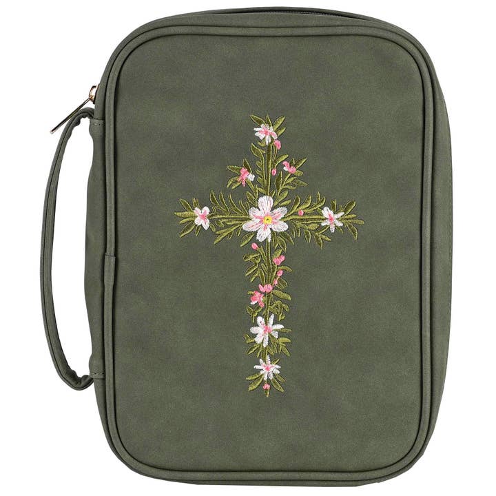 Cottage Garden - Wholesale Bible Cover - White Dove Bible Case Embroidered Cross Green XLarge
