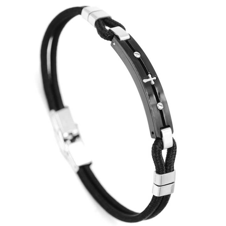 Men's Cross Leather and Steel Bracelet - B-151 for wholesale by Awaken