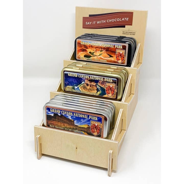 The San Francisco Chocolate Factory - Wholesale Retailer Display - Food & Drink - 9-tin Wooden Counter Display for Horizontal Tins