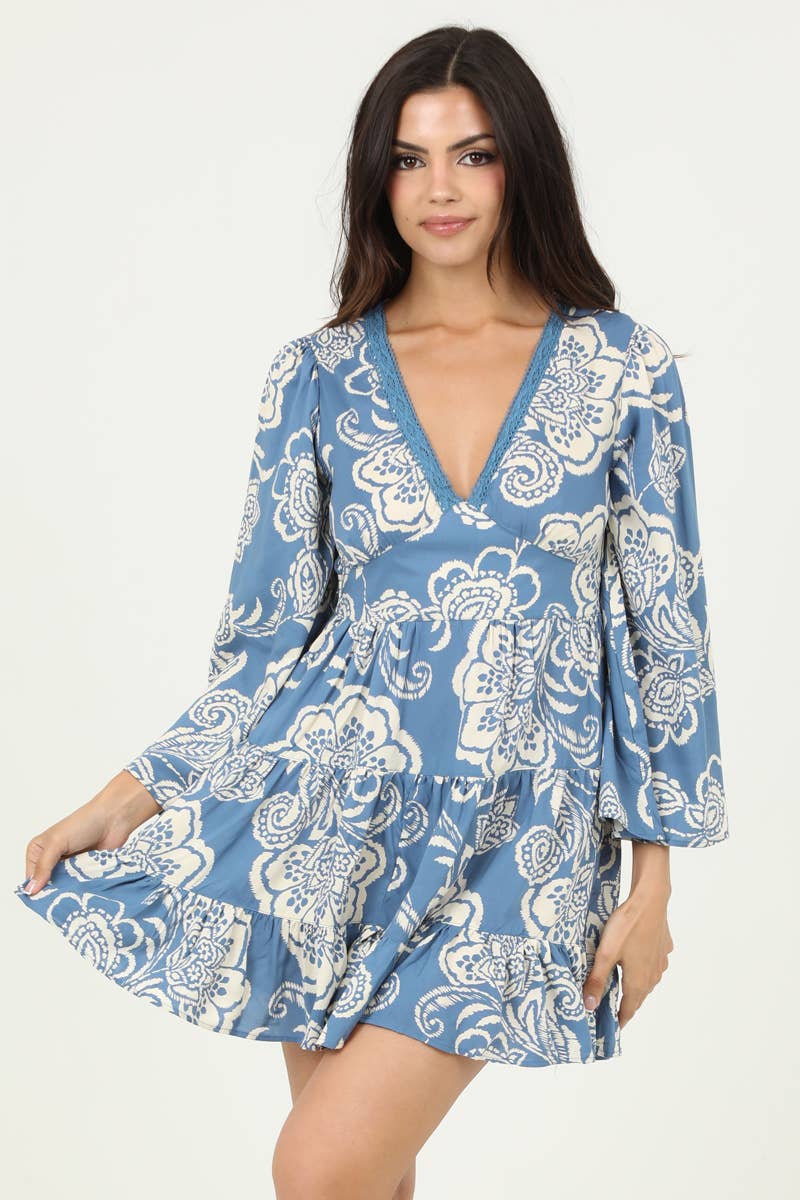 ANGIE – wholesale Dress – Women's – C4B15-A888 V NECK LACE TRIM FLARE SLEEVE DRESS