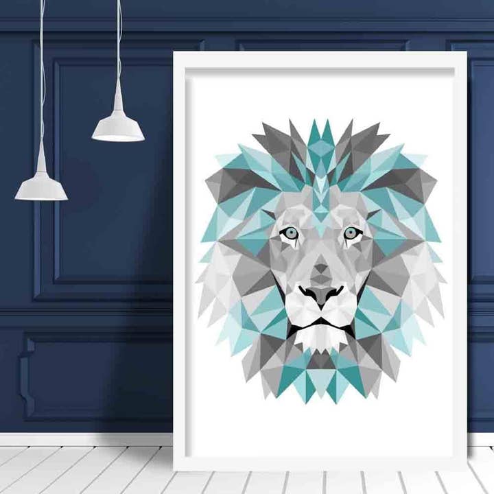 Geometric Poly Aqua Blue and Grey Lion Head Poster for wholesale by Artze Wall Art