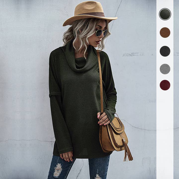 Solid Color Stacked Neck Pullover Sweater for wholesale by onatorobi