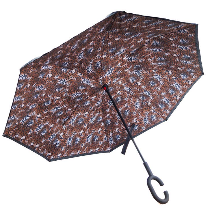 PEACH ACCESSORIES – wholesale Umbrella – Women's – F972 Small leopard print upside down umbrella in Dark Brown