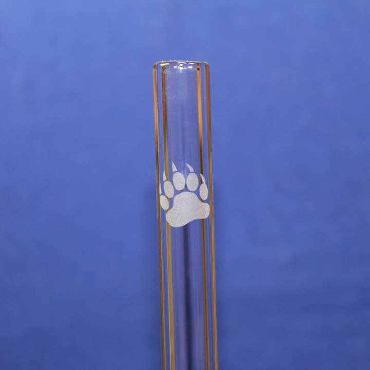 Etched Bear Paw Glass Straw with cleaning brush for wholesale by DrinkingStraws.Glass LLC