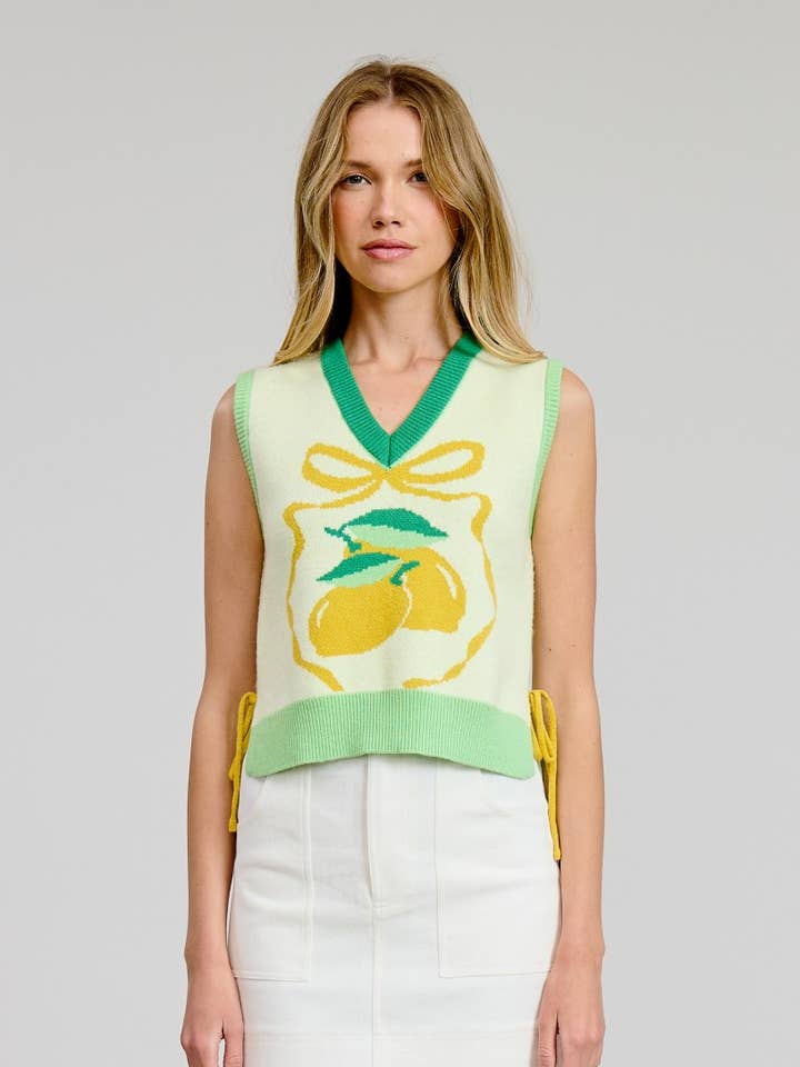 Sorrento Lemon Sweater Vest Top with Tie Detail for wholesale by FLAT WHITE