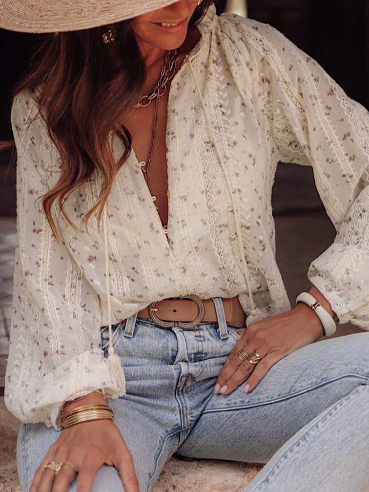 Red Floral Embroidered Lace Bubble Sleeve Shirt for wholesale on Faire