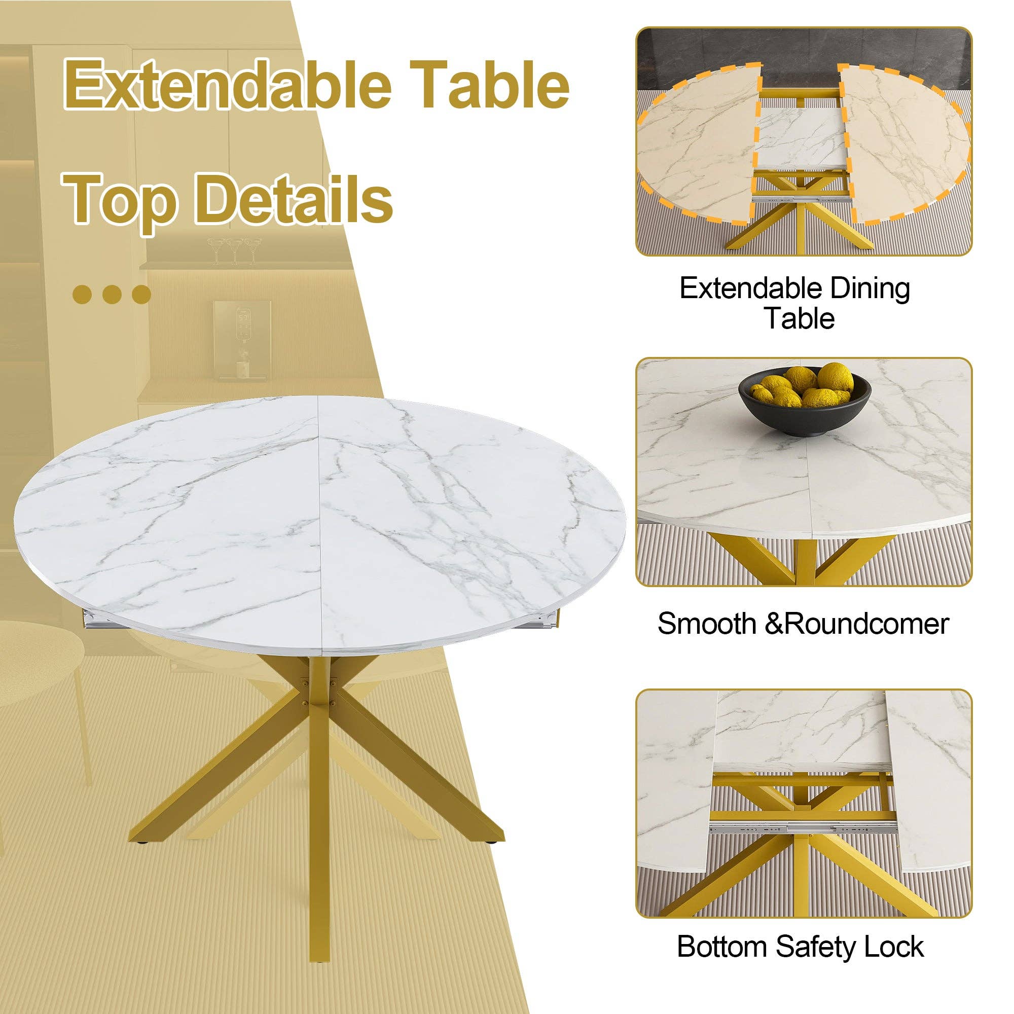 39F Inc. - Wholesale Side Table - Modern Round Dining Table with Extendable Blades, Carbon Steel X-Base, White Marble-Veined Top, MDF and Iron Construction, Fits 4-6 People12