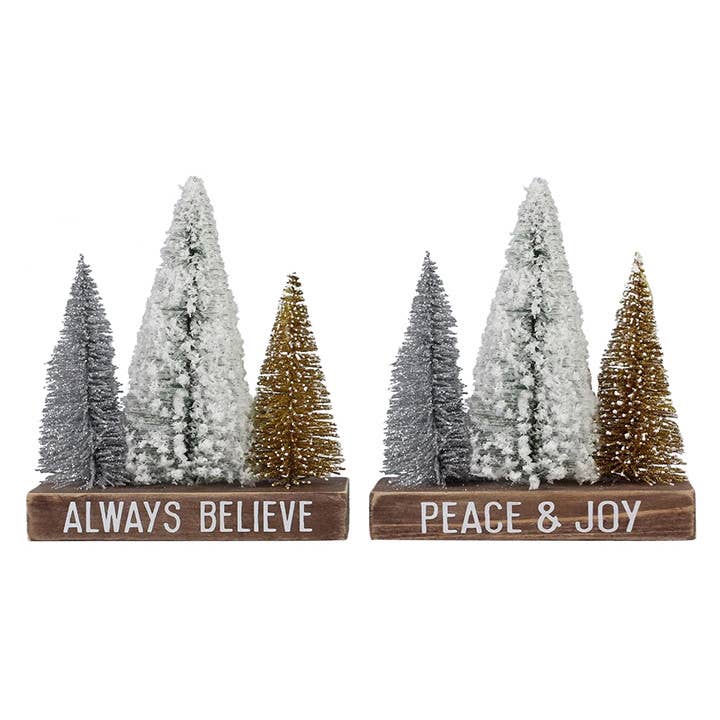 Will's Company - Wholesale Christmas Decoration - “Always Believe & Peace & Joy” Sign with Bottle Brush Trees