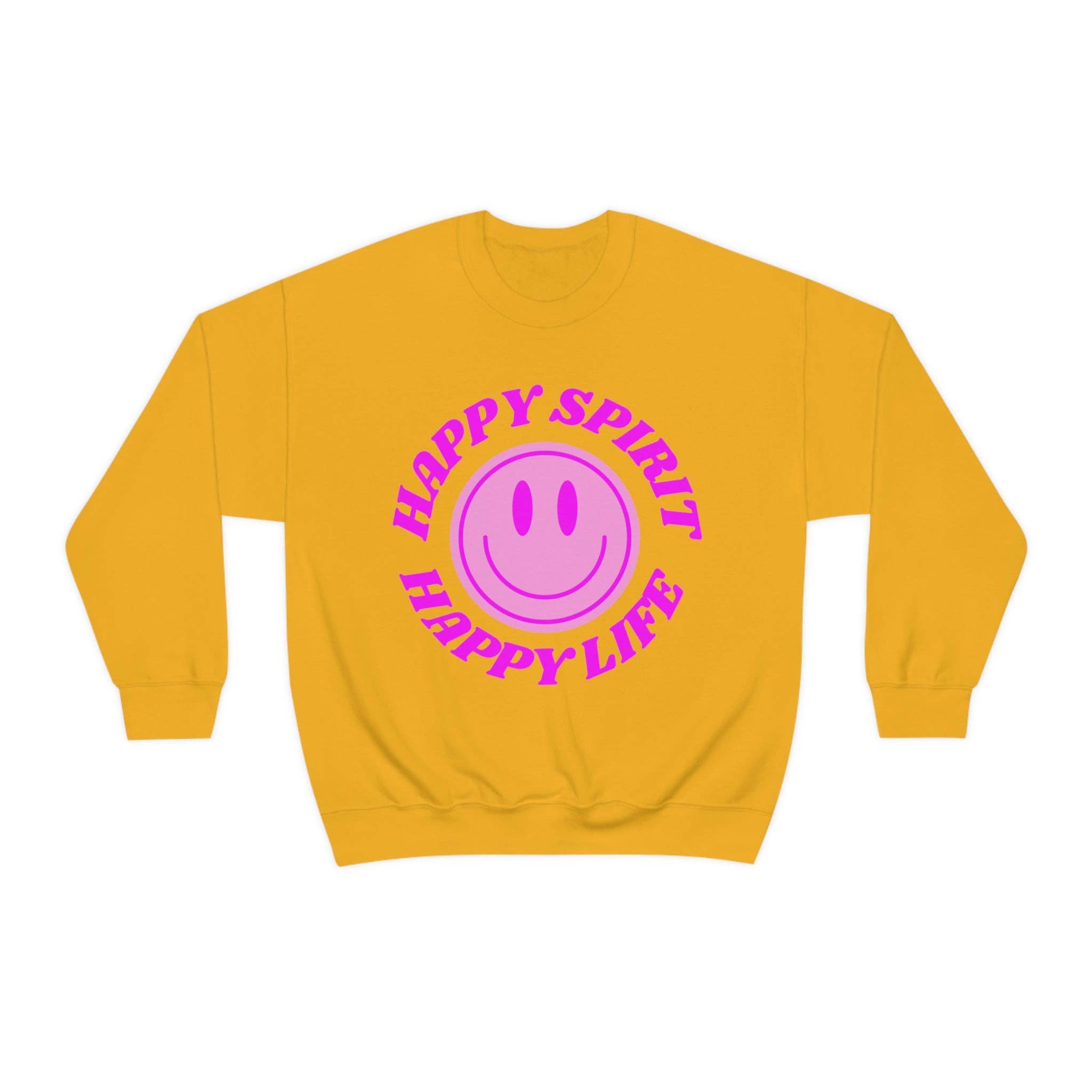 Happy Life Stuff - Wholesale Graphic Sweatshirt - Women's - Happy Spirit Happy Life Sweatshirt, VSCO Girl Crewneck, Oversized Retro Font Graphic Tumblr, Front Print Smile Face Trendy Cover Up4
