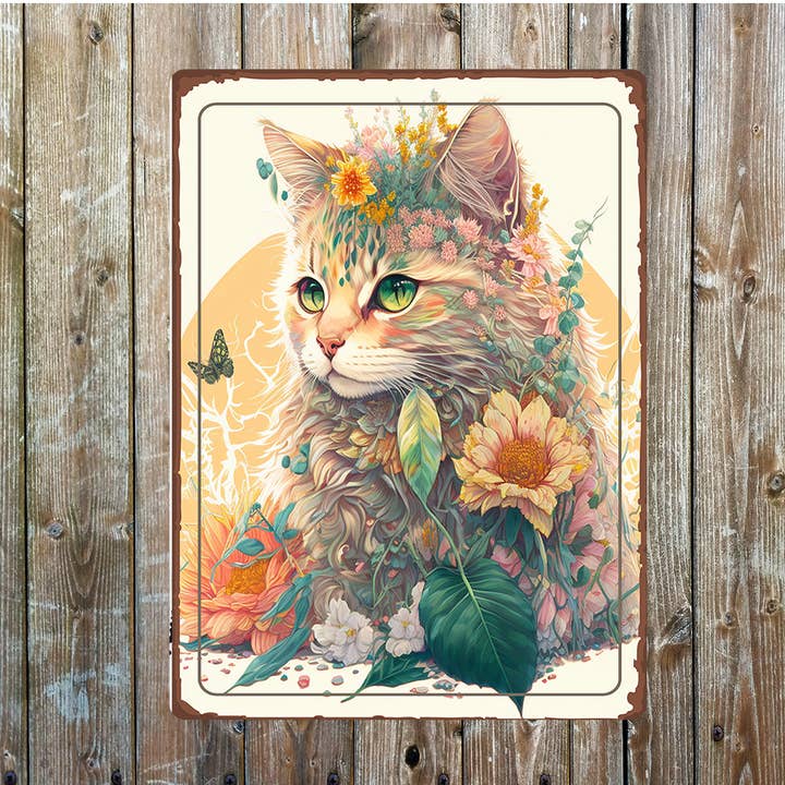 Kitten gekleed in bloemen, lifestyle, metalen bordplaat voor wholesale door The British Metal Signs Company