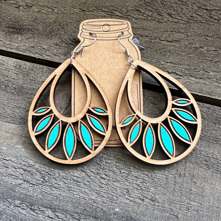 Turquoise Teardrop Marquis Hoop Hand painted Wood Earrings for wholesale by Jill's Jewels