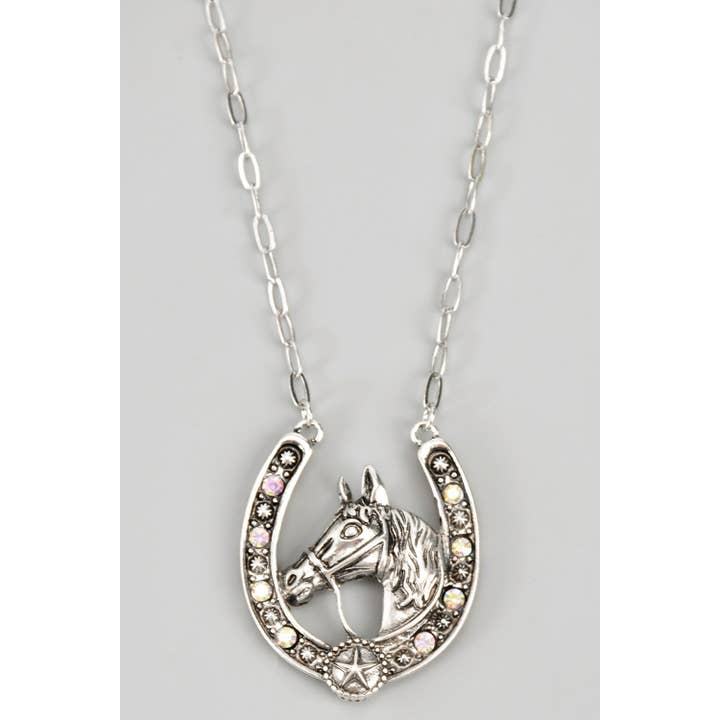 HORSE SHOE HORSE STONE PENDANT NECKLACE for wholesale by Girly