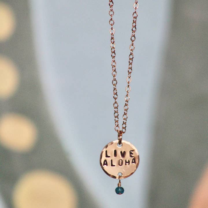 Beach Babe Hawaii - Wholesale Pendant/Charm Necklace - Custom Hand Stamped Coin Necklace with Gemstone1