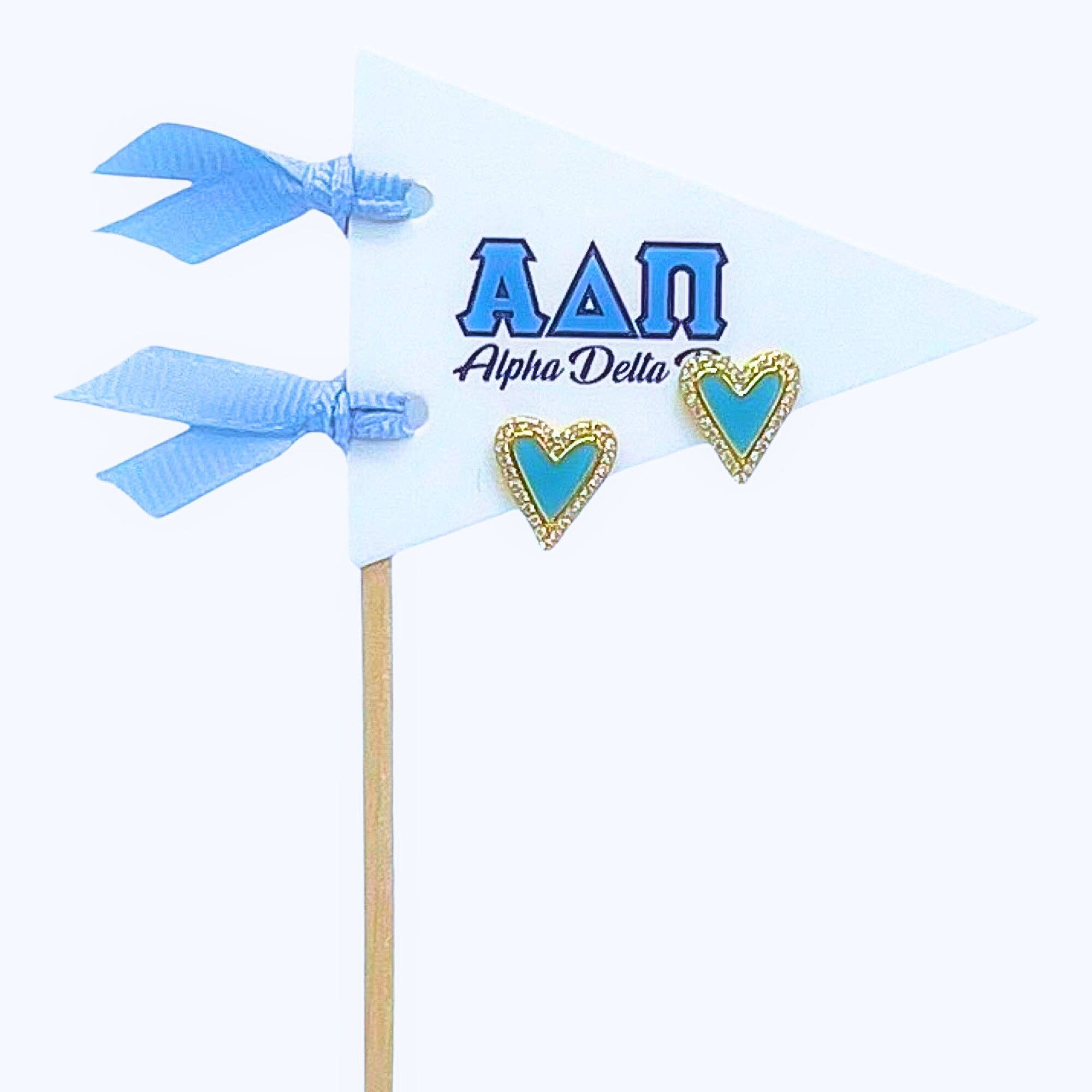 Color Shout – wholesale Stud/post earrings – E205-Love my Sorority: Bright Color Heart Studs on Greek Letter Pennant Flag1