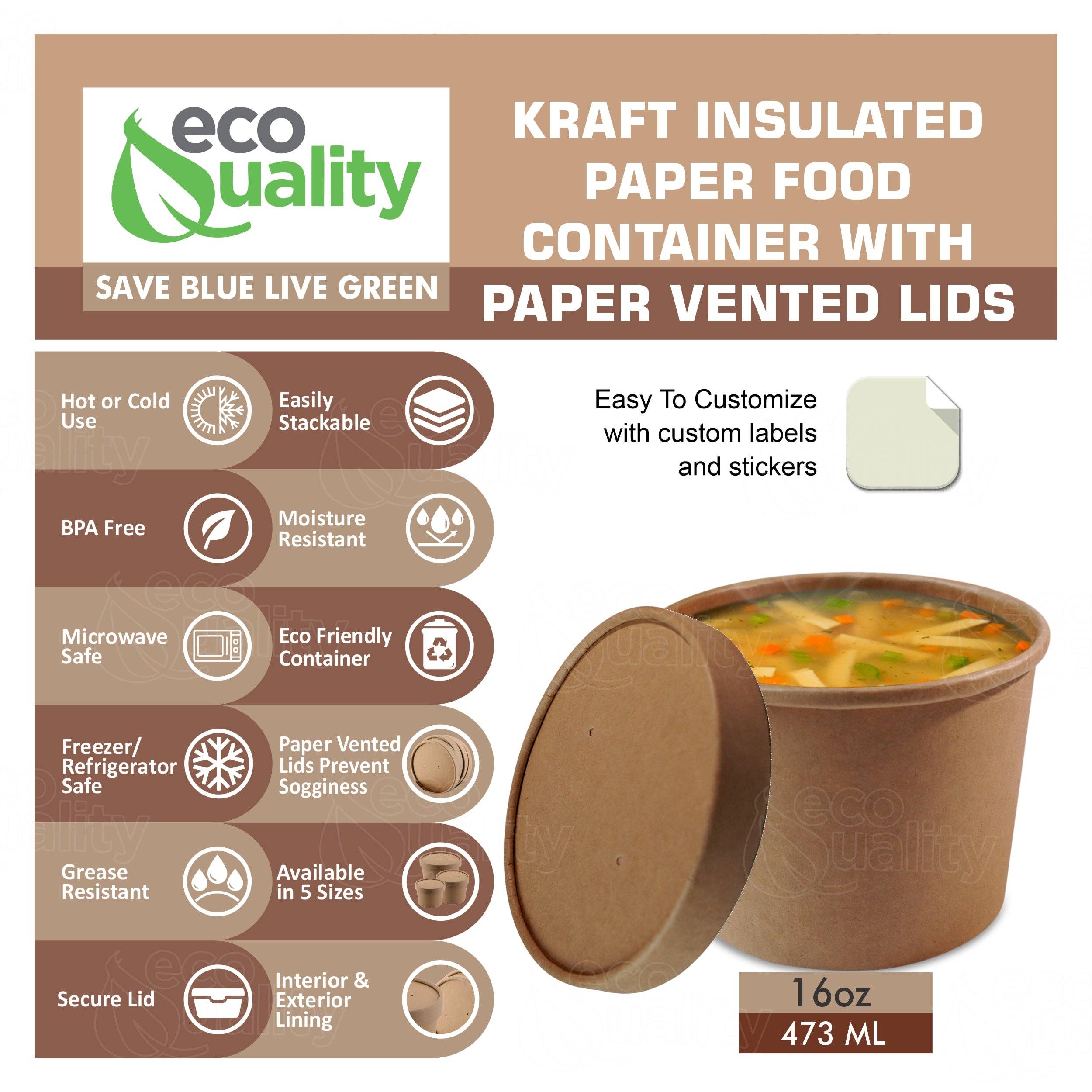 EcoQuality – wholesale Food storage container – 16oz Disposable Kraft Paper Food Soup Cup w/Paper Vented Lid1