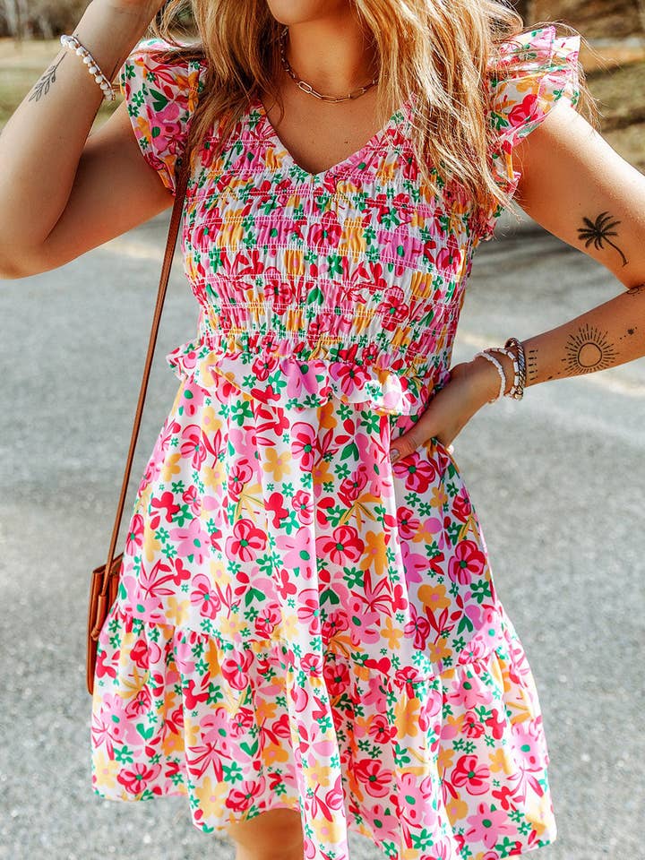 Vestido curto floral multicolorido com corpete com babados por atacado de EG fashion