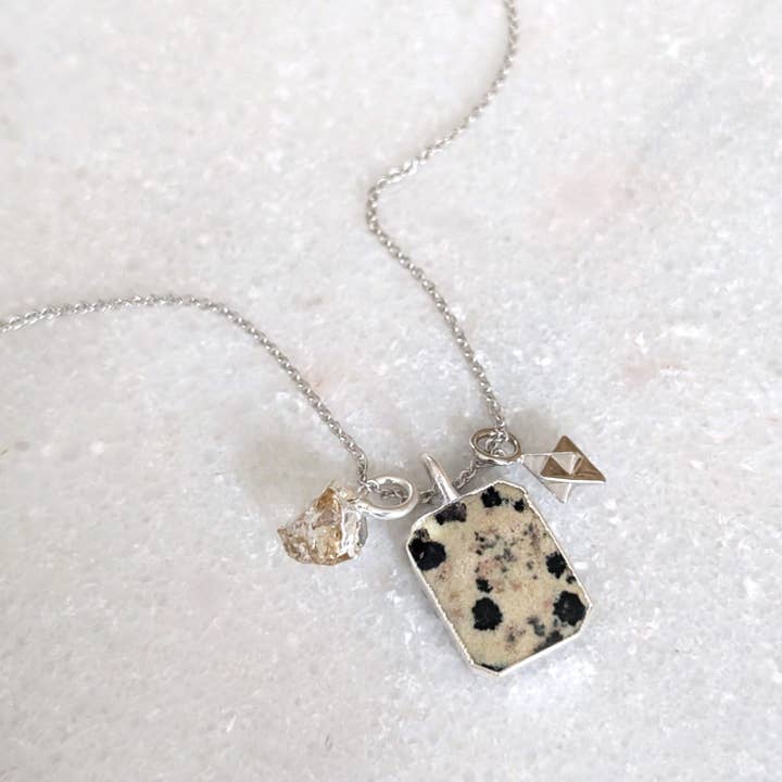 The Trio Dalmatian Jasper, Citrine and Charm Necklace for wholesale by Lapis London