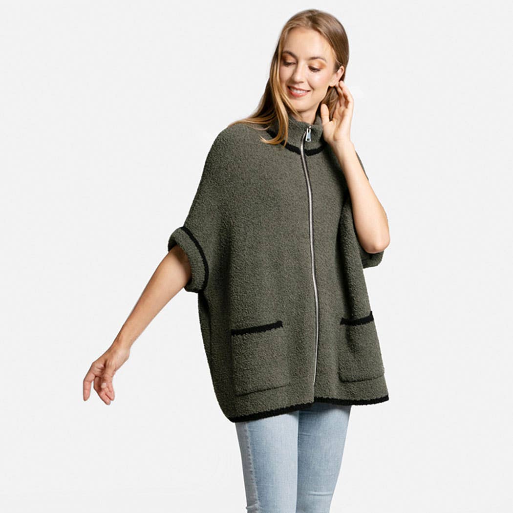 Fashion City - Wholesale Outerwear Poncho - Women's - Solid Zipper Jacket with Outlined Edges23