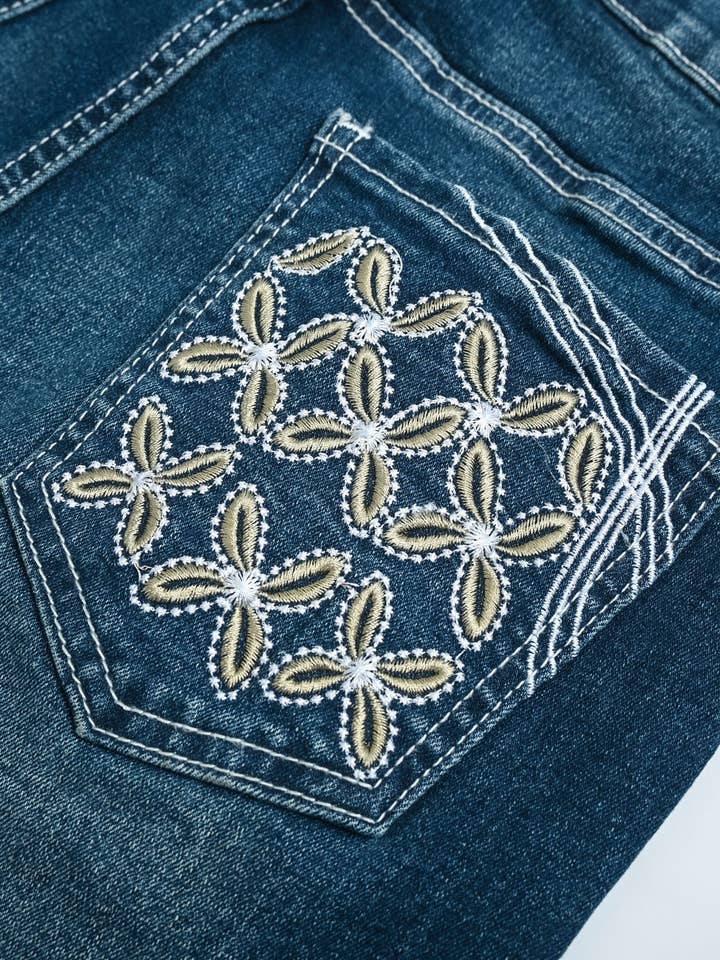 Blue Women's Stretch Flare Jeans Embroidered Boho Denim Pants, for wholesale on Faire2