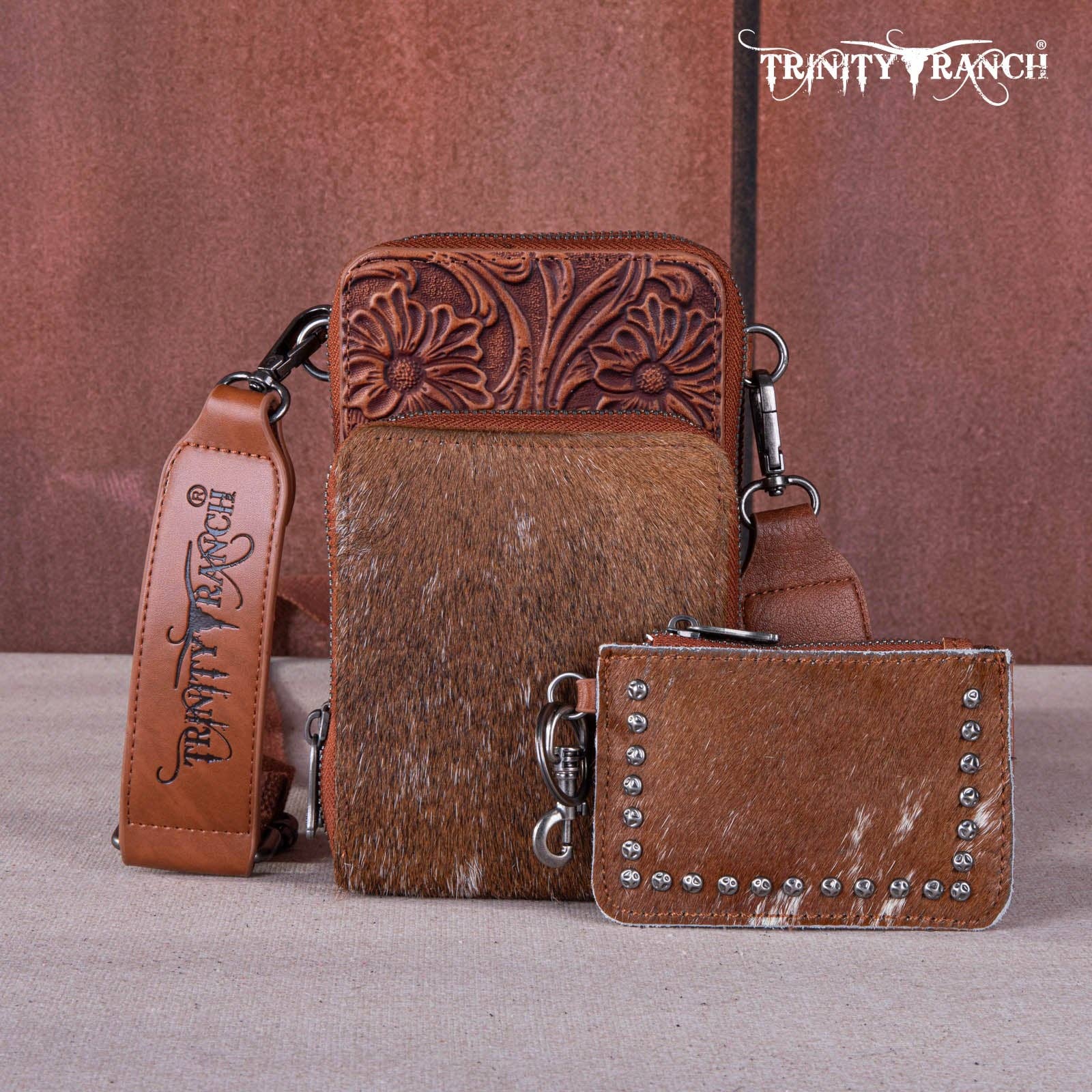 REMOVED BRAND - Wholesale Crossbody Bag - Women's - TR159 -183  Trinity Ranch Genuine Hair-On Cowhide /Tooled  Collection Phone Purse with Coin Pouch16